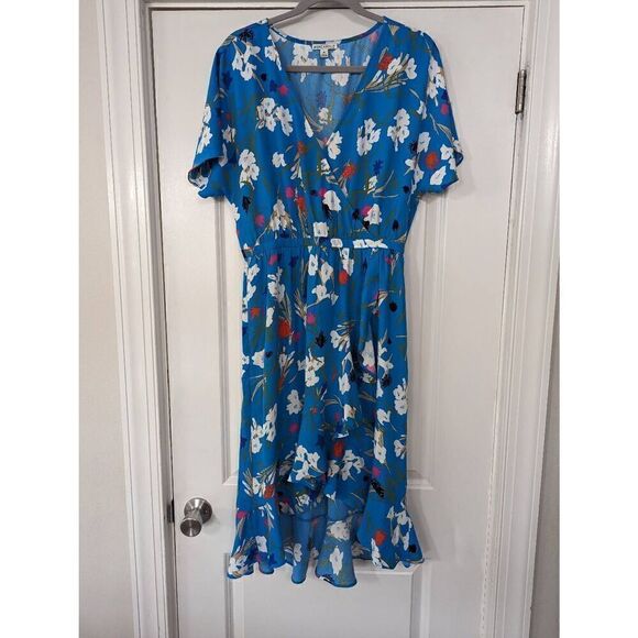 J. Crew Mercantile High‎ Low Faux Wrap Dress women's size Medium Blue floral - Picture 3 of 11